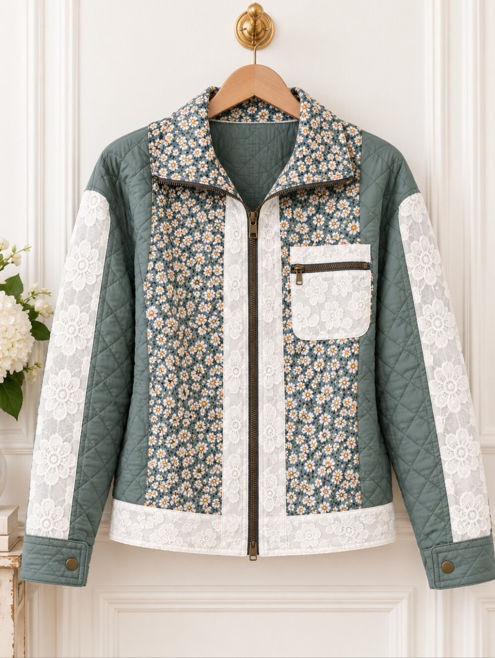 Ampersand Avenue | Quilted Jacket Size XS Sage Floral Lace Patchwork Cottagecore - Picture 5 of 9